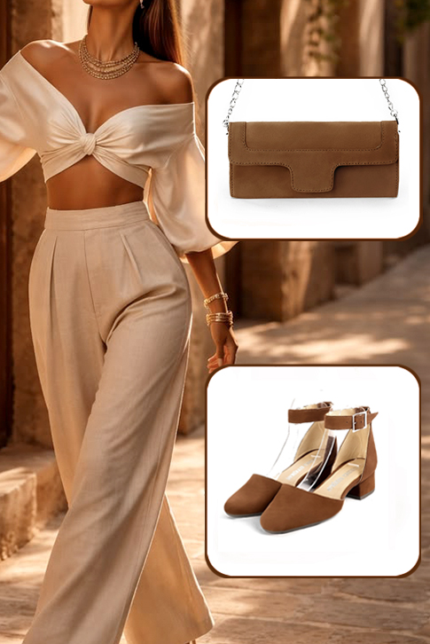 Dress heels closed-back ankle strap in caramel brown leather with low block heels and round toe - Worn view